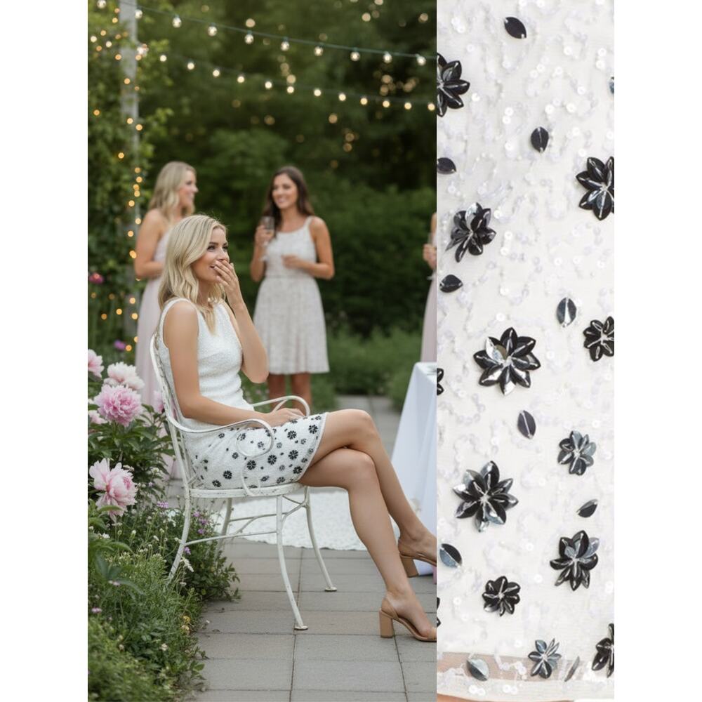 NWT ADRIANNA PAPELL IVORY WHITE SILVER 3D FLORAL SEQUIN BEADED SHORT COCKTAIL - Picture 2 of 9